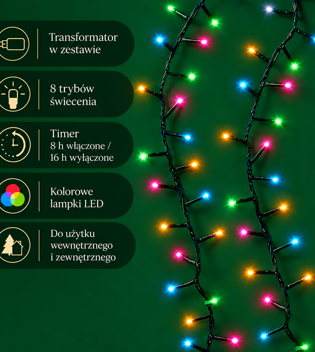 Lampki choinkowe klasyczne LED kolorowe 8 funkcji - dodatkowe informacje 